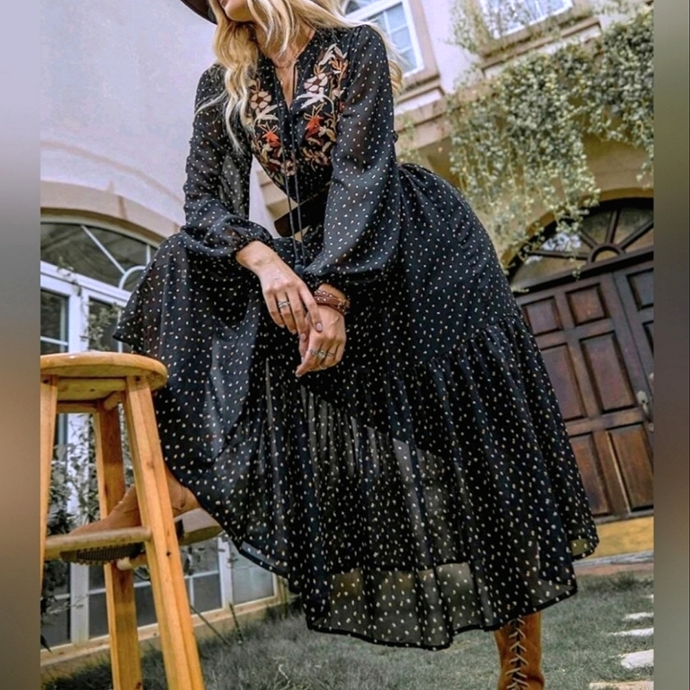 New Boho Embroidered Floral Dot Chiffon Midi Dress Black Orange White Plus